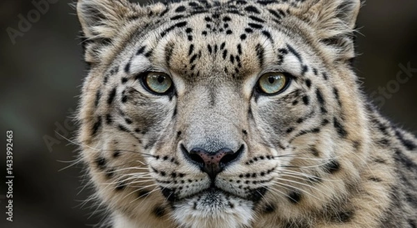 Obraz Detailed Snow Leopard Face Close-up with Direct Eye Contact, Intense Gaze