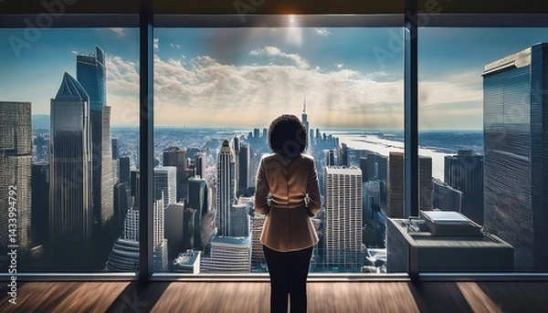 Fototapeta A professional gazes out a window at the city, pondering strategies for success.