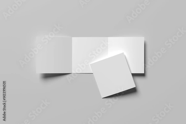Obraz Vector white blank square three panel roll fold opened on white background. Trifold, leaflet, brochure, booklet, flyer or invitation card mockup.