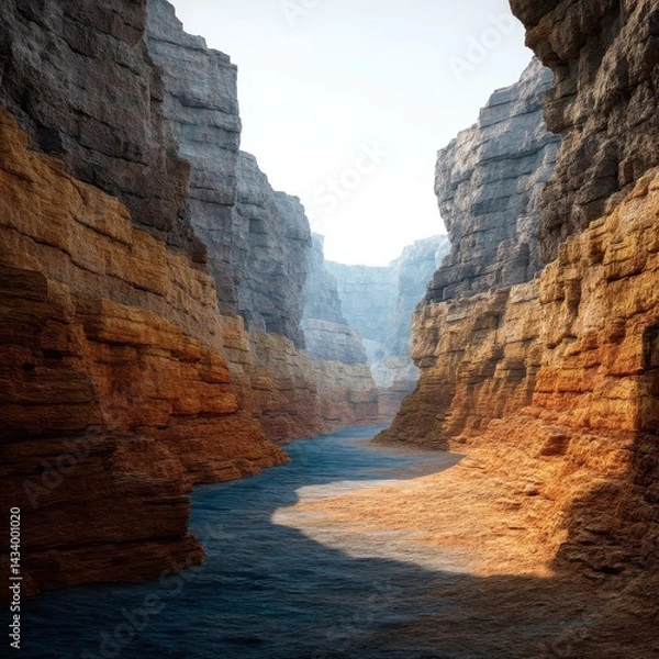 Fototapeta Deep canyon with layers of rock and shadowed river path, scientific and geological perspective