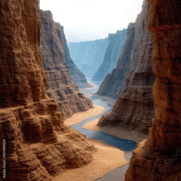 Fototapeta Deep canyon with layers of rock and shadowed river path, scientific and geological perspective