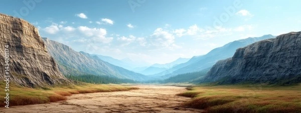 Fototapeta Dry cliff terrain with seasonal river bed and distant mountains, environmental change topic
