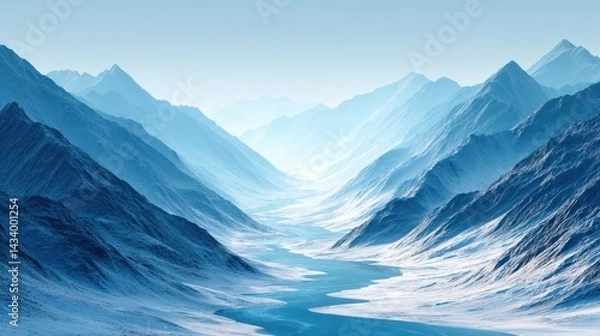 Fototapeta Frozen river in a vast mountain valley under soft winter light, cold climate editorial use