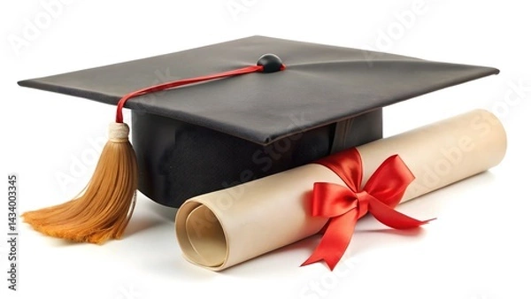 Obraz Graduation Cap and Diploma isolated on a white​ ​background