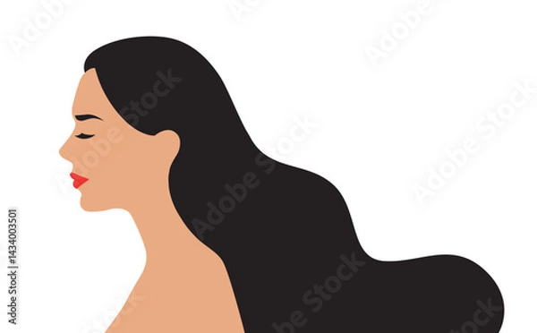 Fototapeta Vector simple illustration of a woman's profile with red lipstick and big flowing black hair isolated on white background