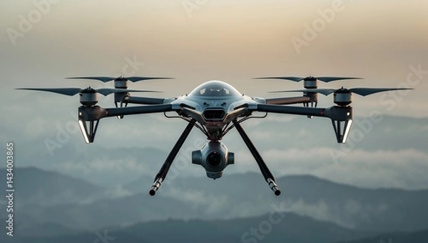 Fototapeta Futuristic drone soaring through hazy skies