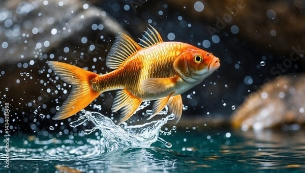 Obraz Golden fish leaping through sparkling water splash