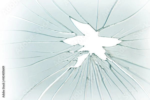 Fototapeta Cracked and broken glass with hole on a white background