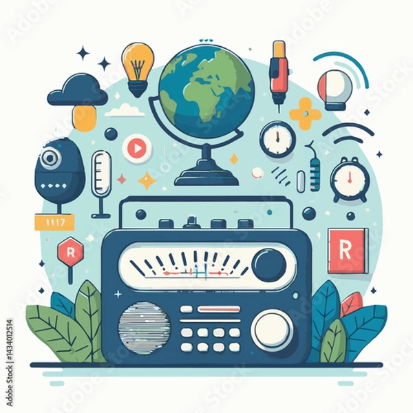Fototapeta technology, broadcast, audio, fm, design, communication, broadcasting, media, illustration, background, sound, music, equipment, musical, holiday, world radio day, classic, microphone, vintage, day, i