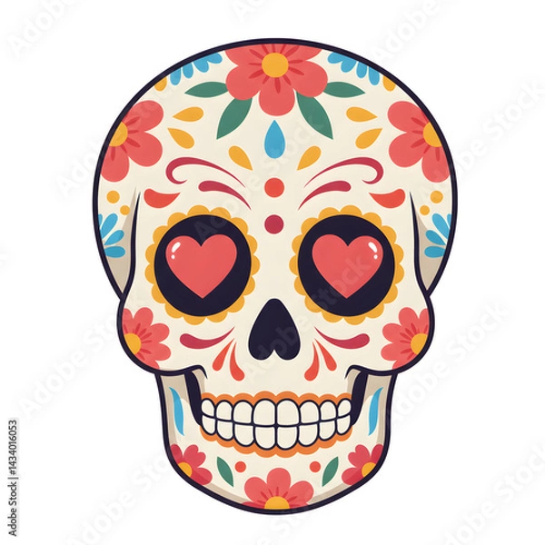 Fototapeta Isolated illustration of a sugar skull with intricate floral decorations and heart-shaped eyes in a festive palette of red, yellow, blue, and green, symbolizing the Day of the Dead