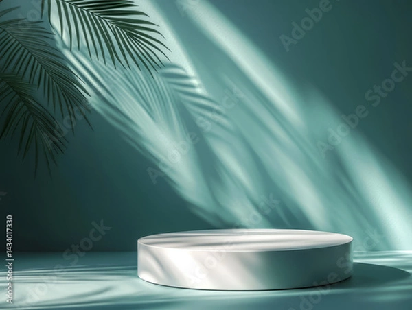 Obraz An empty oval podium stands against a background of palm leaves, casting shadows on the mint-colored walls and floor. Realistic background for product presentation.