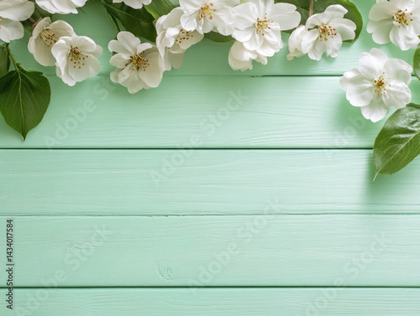Obraz White jasmine flowers framing the wooden plank surface painted in pastel mint color. Realistic spring background.
