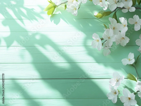 Obraz White apple blossoms lying in a corner on a light turquoise wooden surface. Bold shadows on the surface. Minimalistic realistic spring background.