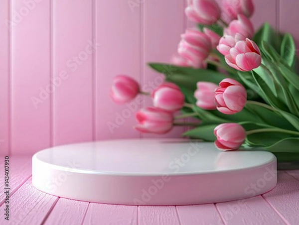 Obraz An empty oval podium stands against a background of pink tulips in front of pastel pink walls and wooden floor. Realistic background for product presentation.