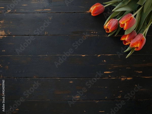 Obraz Red tulip flowers lying in a corner on a dark wooden surface. High-contrast realistic spring background.