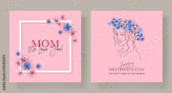 Obraz Happy Mothers Day abstract art backgrounds set. Minimal style background with woman in a flower wreath. Greeting card with flowers