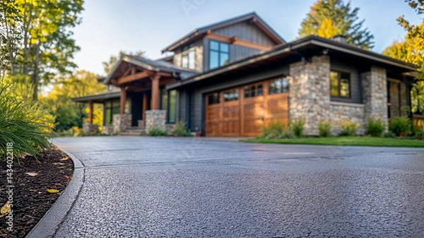 Fototapeta Freshly sealed driveway of a modern home surrounded by greenery in the evening light