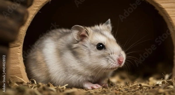 Fototapeta Charming dwarf hamster peering out from wooden hideaway with curiosity
