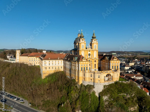 Fototapeta Benedictine abbey in Melk, Austria. Aerial view with copy space