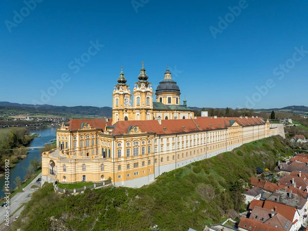 Fototapeta Benedictine abbey in Melk, Austria. Aerial view with copy space