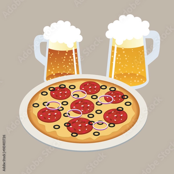 Obraz Pizza and two draft, beers in isometric 3d style Tasty pizza on the plate. Bar