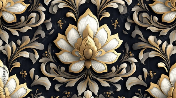 Fototapeta Ornate, repeating floral pattern in gold and white on dark background.