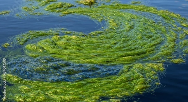 Fototapeta Harmful algal bloom covering a dark body of water creating unique pattern