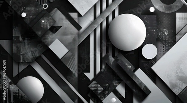 Obraz Abstract geometric composition featuring blocks and spheres in monochrome tones.