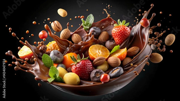 Obraz A colorful and sweet fruit salad with chocolate and nuts makes a healthy dessert or Christmas treat, Chocolate day