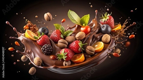 Obraz Fruit and nut splash in chocolate with a dynamic composition. Chocolate day celebration
