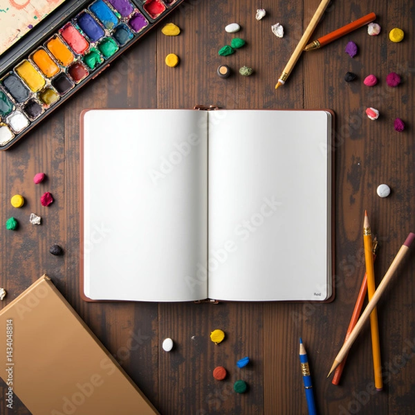 Obraz Creative art work accessory supplies set, open notebook for sketch, paint brushes, paintbox with watercolors, crayons, pencils on brown wooden artistic background, back to school top view copy space