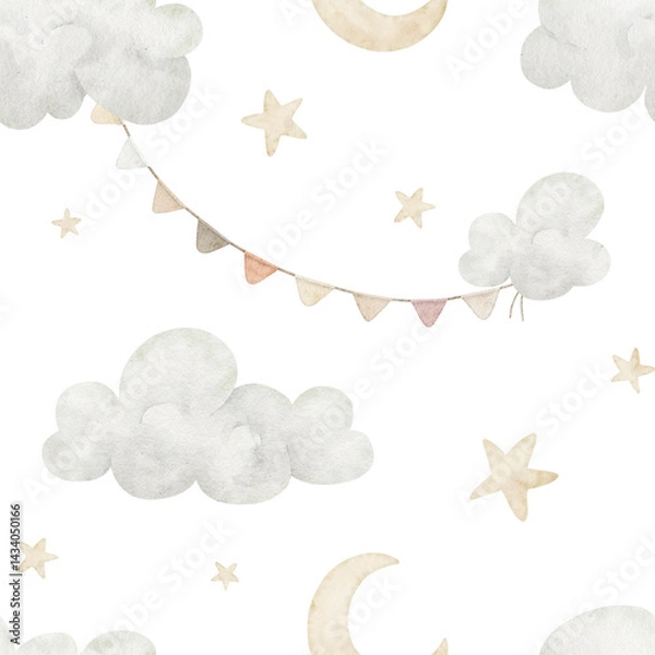 Fototapeta Watercolor seamless pattern with stars, crescent moon, and clouds in soft pastel tones. Illustration of childish background for nursery wallpaper or baby shower backdrop. Ornament with garlands.