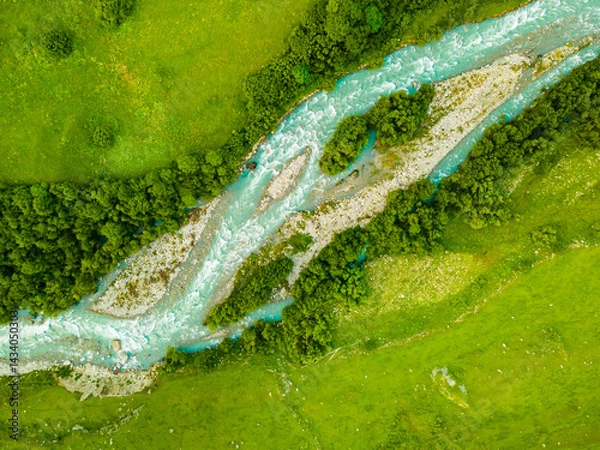 Fototapeta Mountain river with green trees and fresh green grass. Aerial top down view.