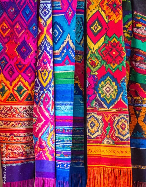 Fototapeta The vibrant colors and geometric patterns of Ikat textiles from different regions of India are displayed, showcasing the diverse weaving traditions and artistry.