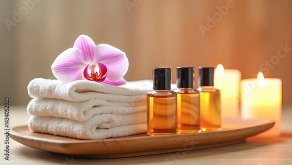 Fototapeta spa accessories are on a wooden tray, towels, oils in jars, candles