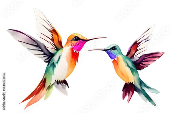 Obraz Watercolor two exotic hummingbird flying with open wings. Colorful bird with long beak on transparent background for tropical nature concept.
