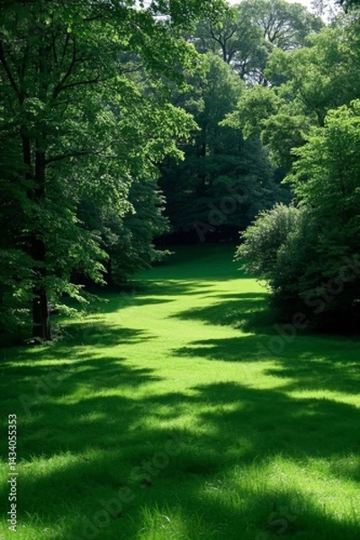 Fototapeta arafed view of a green field with trees and grass