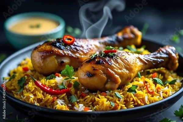Fototapeta Grilled chicken drumsticks on aromatic biryani rice with herbs, chili garnish, and steam in moody food styling

