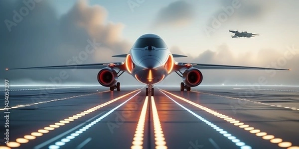 Fototapeta Futuristic airplane on high-tech runway, glowing engines, cloudy sky backdrop, digital aviation concept art

