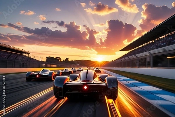 Fototapeta Sunset car race with motion blur, vibrant red lead car, glowing sky and crowd silhouettes, cinematic wide-angle view


