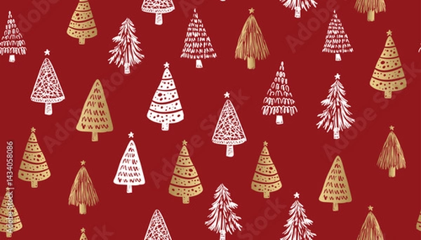 Fototapeta Christmas white and gold tree pattern on red, hand drawn illustration