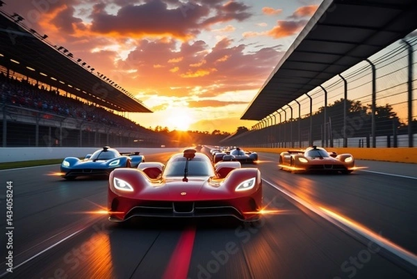 Fototapeta Sunset car race with motion blur, vibrant red lead car, glowing sky and crowd silhouettes, cinematic wide-angle view

