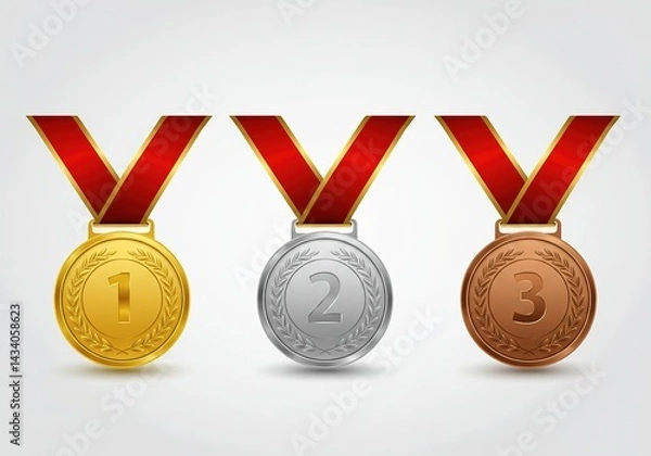 Obraz Gold, Silver, and Bronze Medals with Red Ribbons Isolated on a Clean White Backdrop