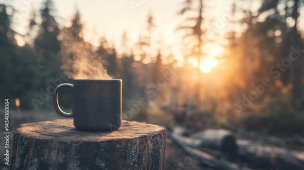 Fototapeta Relaxing morning coffee experience in serene forest setting with beautiful sunrise captivating nature
