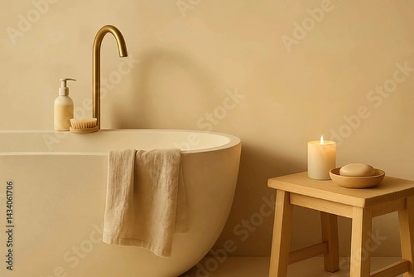 Fototapeta Minimalist bathroom with wooden accents, stone textures, and a calming spa-like atmosphere. Natural tones and soft lighting create a peaceful retreat.