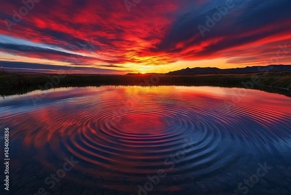 Fototapeta A calm pond reflecting a vibrant sunset sky, its surface broken by subtle, overlapping ripples.