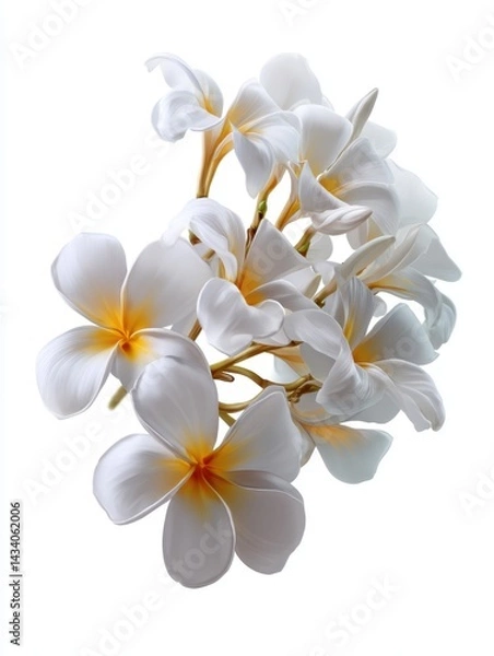 Fototapeta Elegant frangipani blossom arrangement on white background capturing the delicate beauty and tropical essence with soft lighting and a serene atmosphere