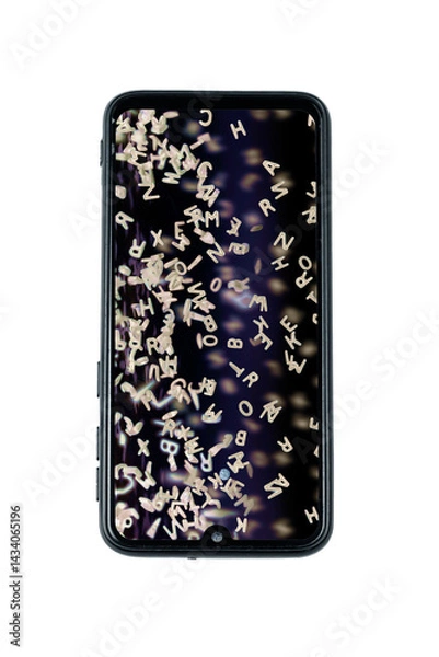 Fototapeta A smartphone with tangled letters on the screen, isolated on a white background