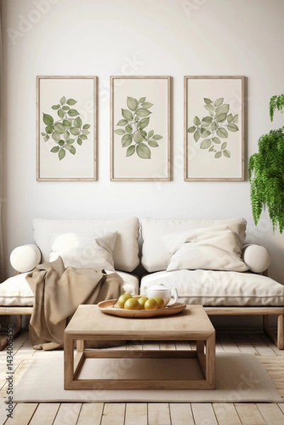Fototapeta A realistic mockup of a modern living room wall art design and layout with abstract paintings and minimalist decor, minimalistic, decor, design