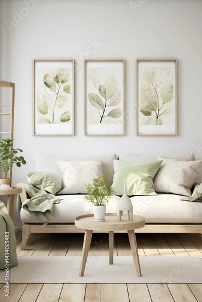 Fototapeta A realistic mockup of a modern living room wall art design and layout with abstract paintings and minimalist decor, minimalistic, decor, design